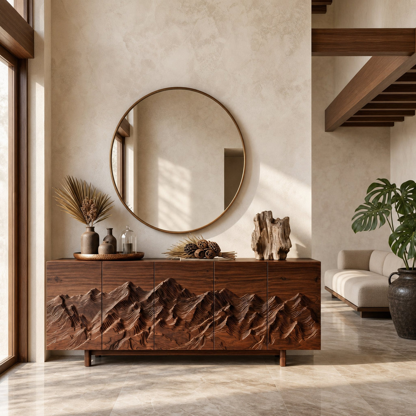 Rustic Mountain Sunrise Sideboard With Hand Carved Wood Doors For Living Room And Entryway - product view 7