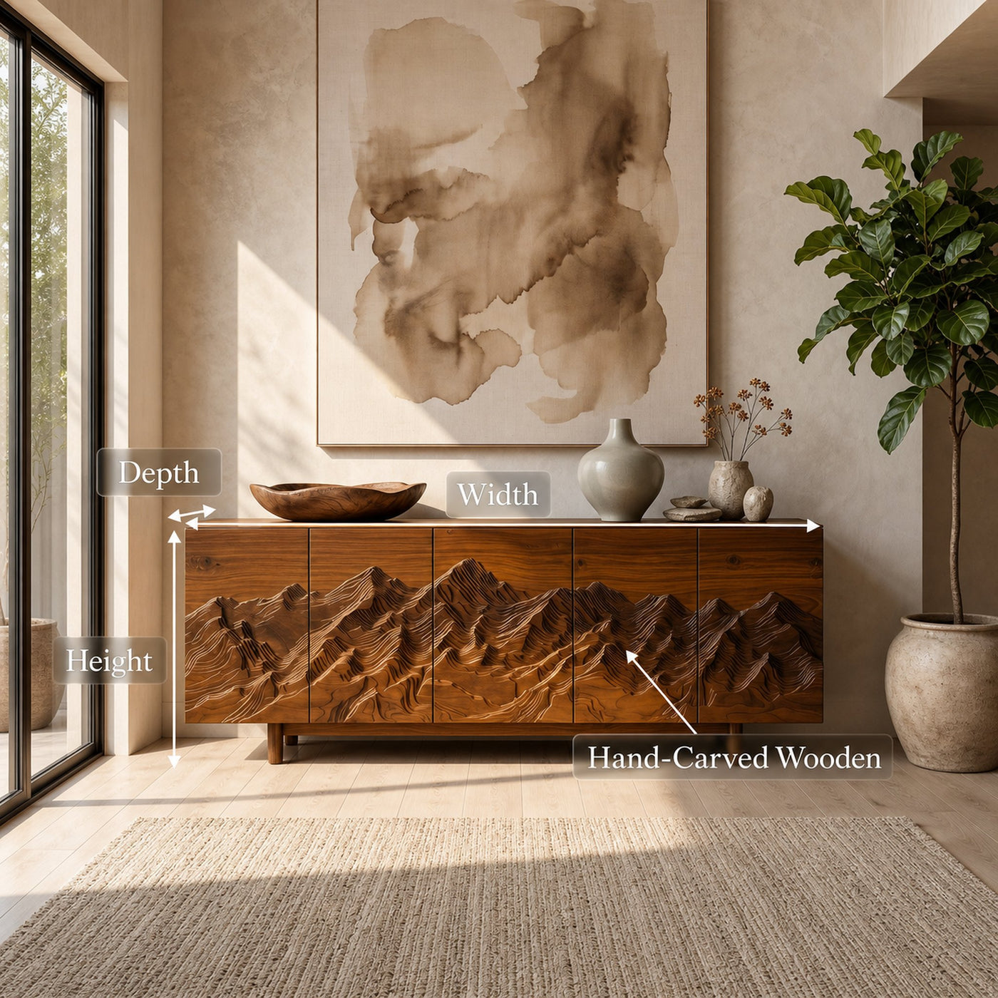 Rustic Mountain Sunrise Sideboard With Hand Carved Wood Doors For Living Room And Entryway - product view 8