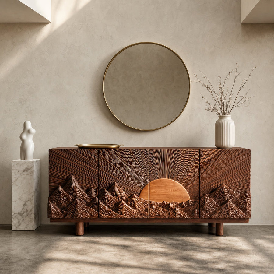 Rustic Mountain Sunrise Storage Cabinet With Carved Wood Doors For Living Room