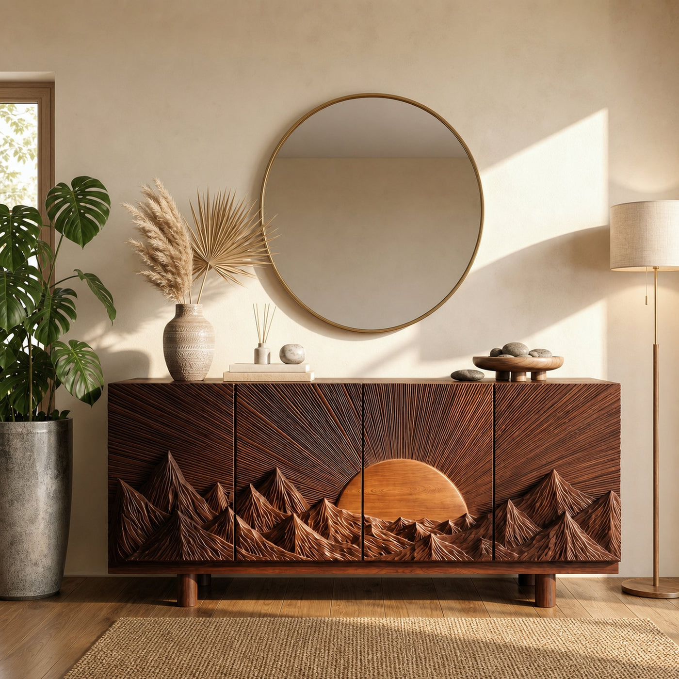 Rustic Mountain Sunrise Storage Cabinet With Carved Wood Doors For Living Room - product view 7
