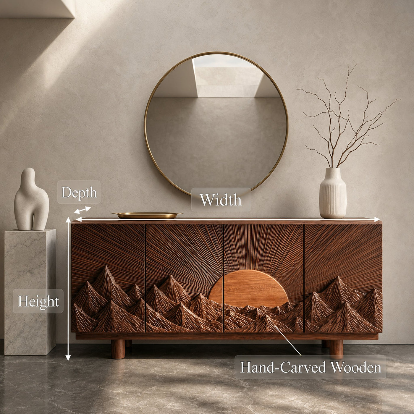 Rustic Mountain Sunrise Storage Cabinet With Carved Wood Doors For Living Room - product view 8