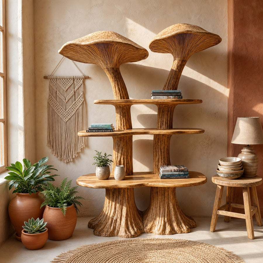 Rustic Mushroom Bookshelf With Handcrafted Solid Wood Shelves For Living Room