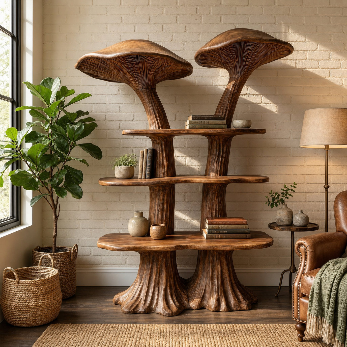 Rustic Mushroom Bookshelf With Handcrafted Solid Wood Shelves For Living Room - product view 7