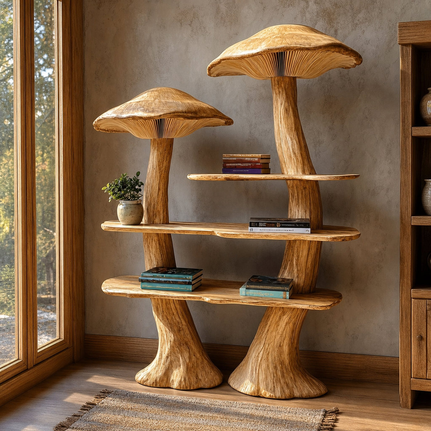 Rustic Mushroom Bookshelf With Tree Trunk Base And Solid Wood Shelves For Living Room