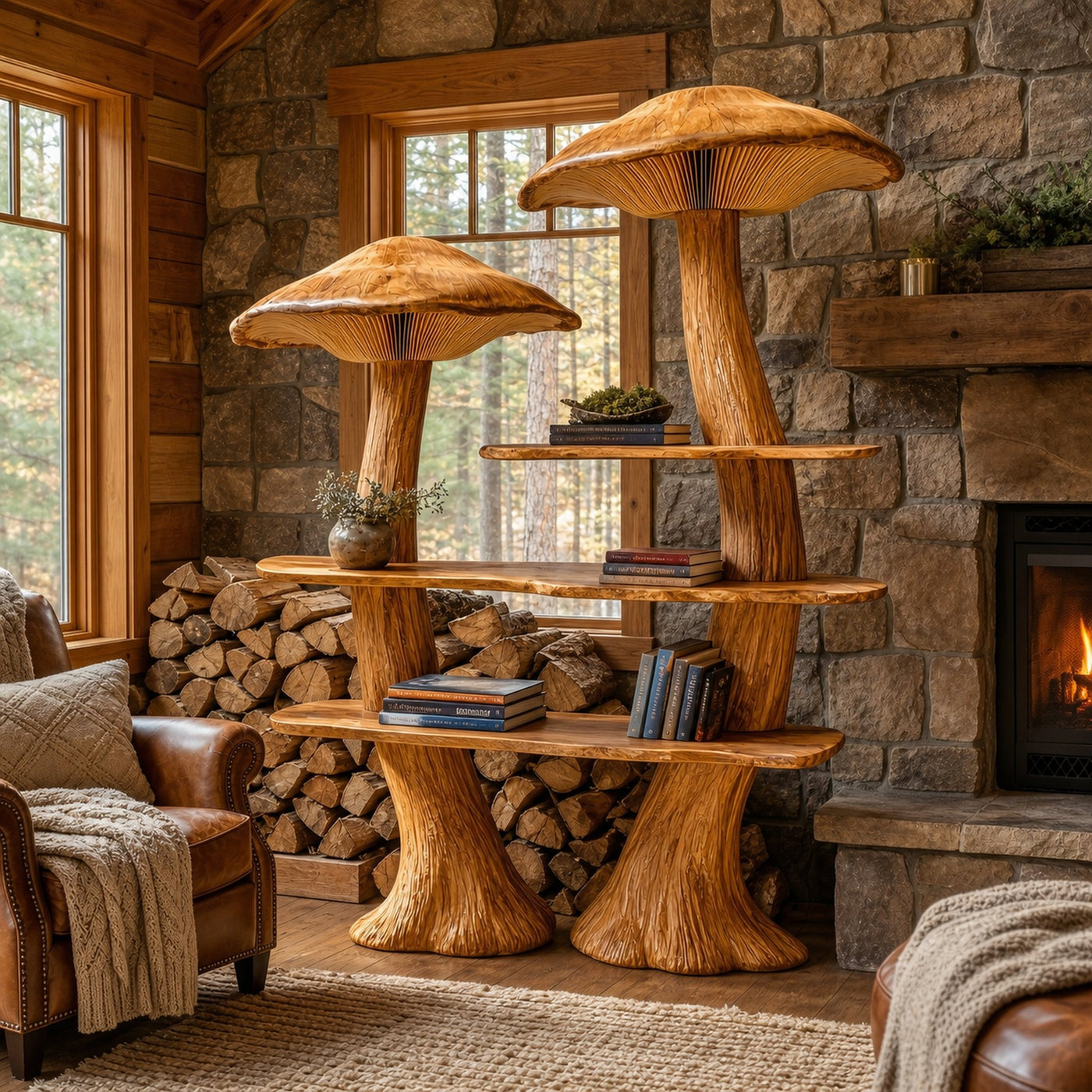 Rustic Mushroom Bookshelf With Tree Trunk Base And Solid Wood Shelves For Living Room - product view 6