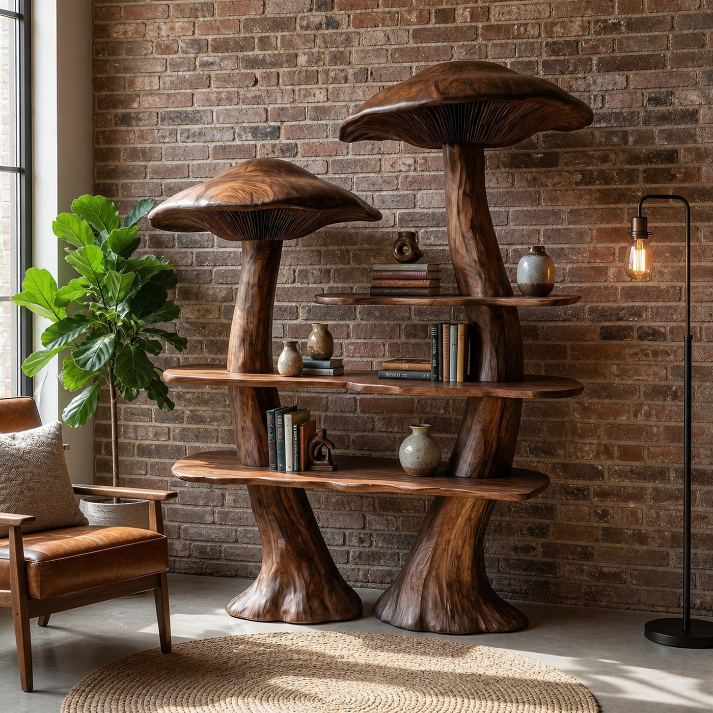Rustic Mushroom Bookshelf With Tree Trunk Base And Solid Wood Shelves For Living Room - product view 7