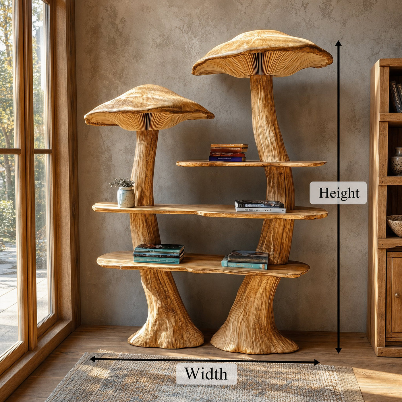 Rustic Mushroom Bookshelf With Tree Trunk Base And Solid Wood Shelves For Living Room - product view 8