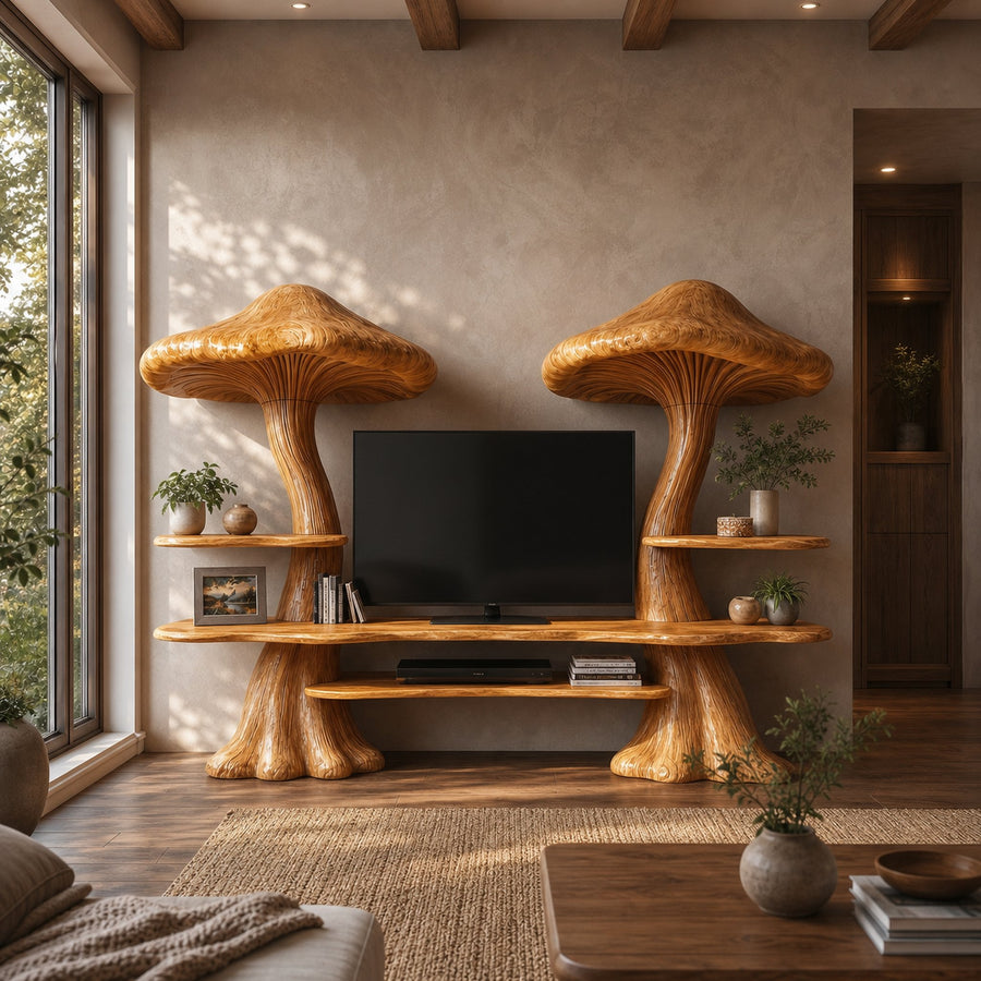 Rustic Mushroom TV Cabinet With Integrated Display Shelves And Media Storage For Living Room