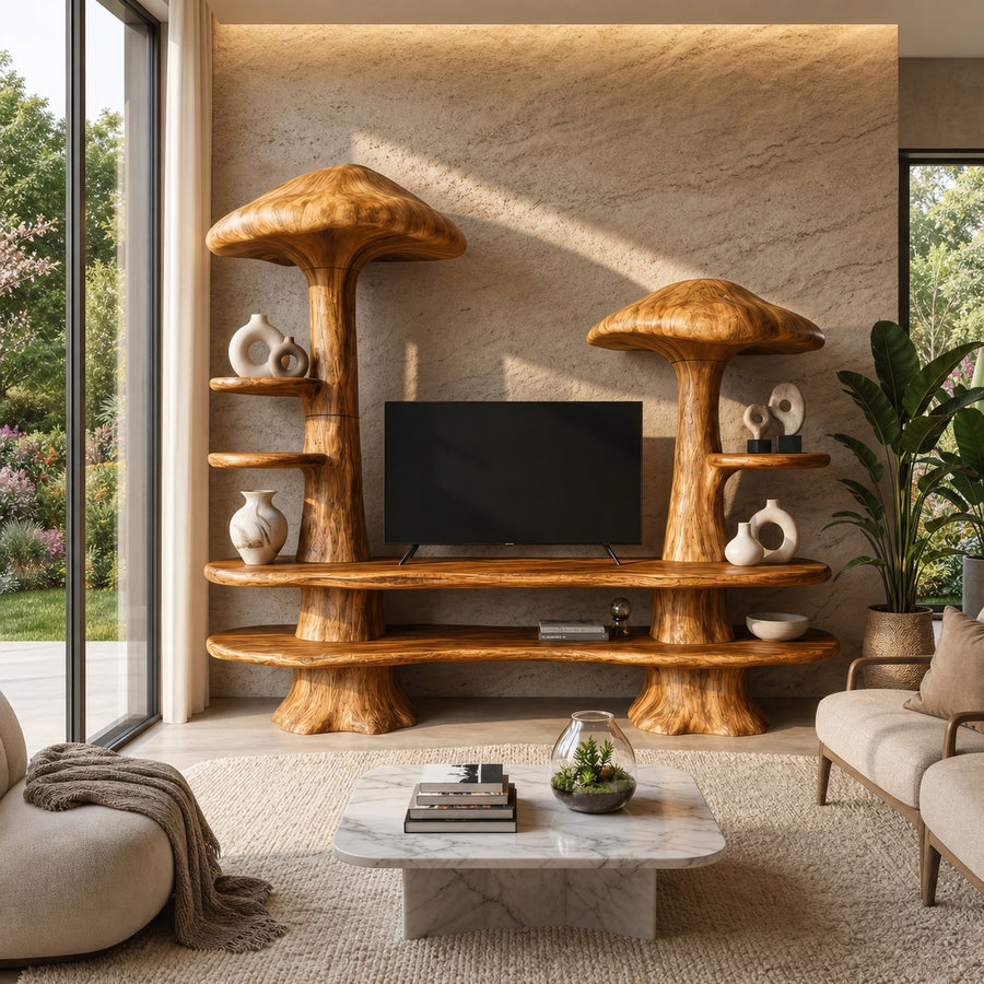 Rustic Mushroom TV Cabinet With Open Display Storage And Media Console For Living Room