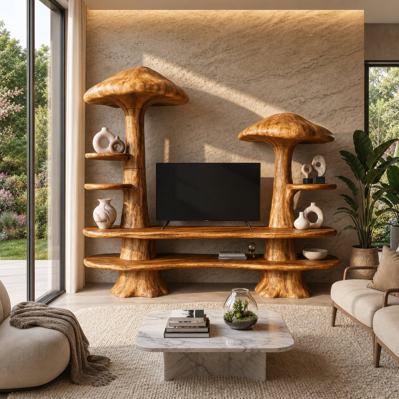 Rustic Mushroom TV Cabinet With Open Display Storage And Media Console For Living Room