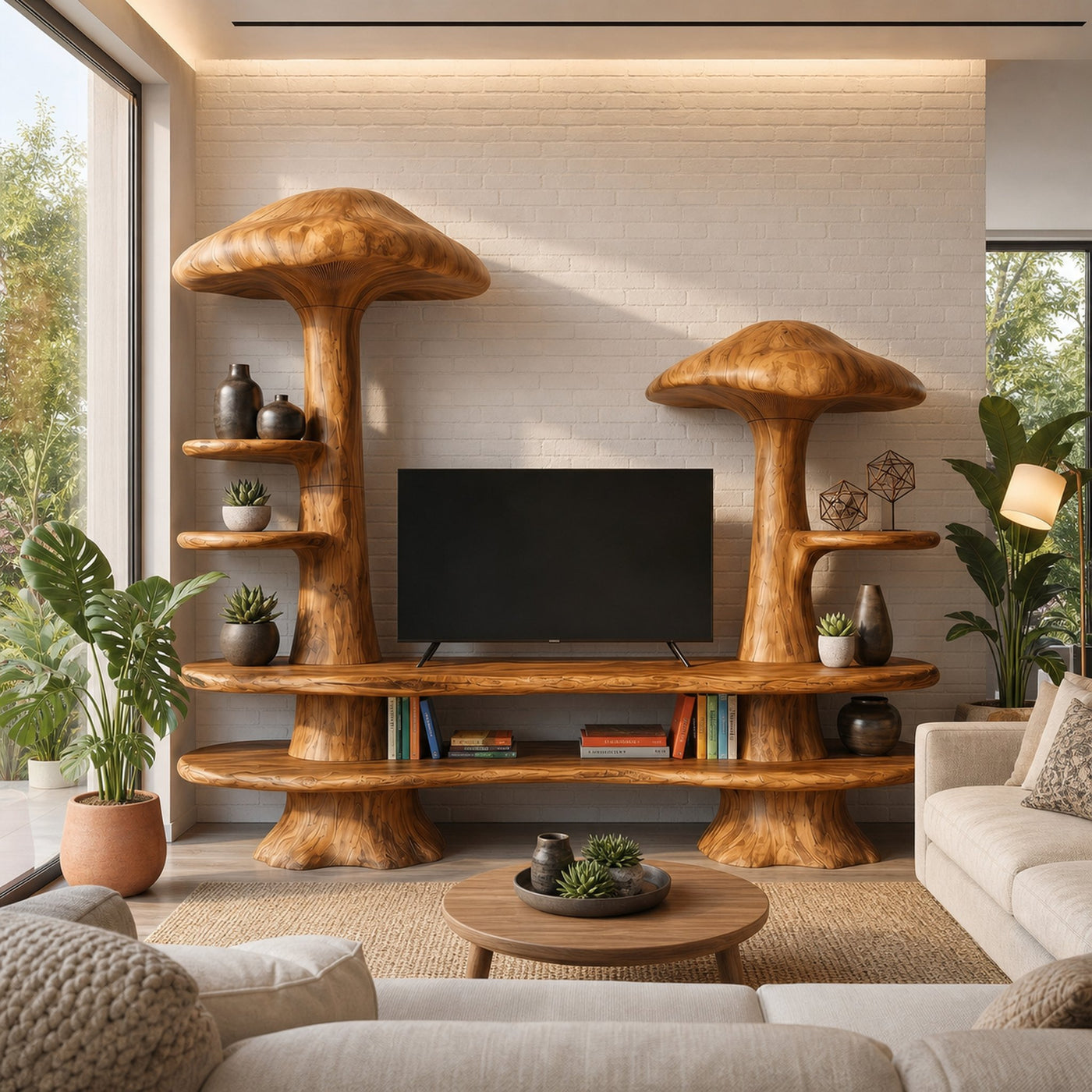 Rustic Mushroom TV Cabinet With Open Display Storage And Media Console For Living Room - product view 6