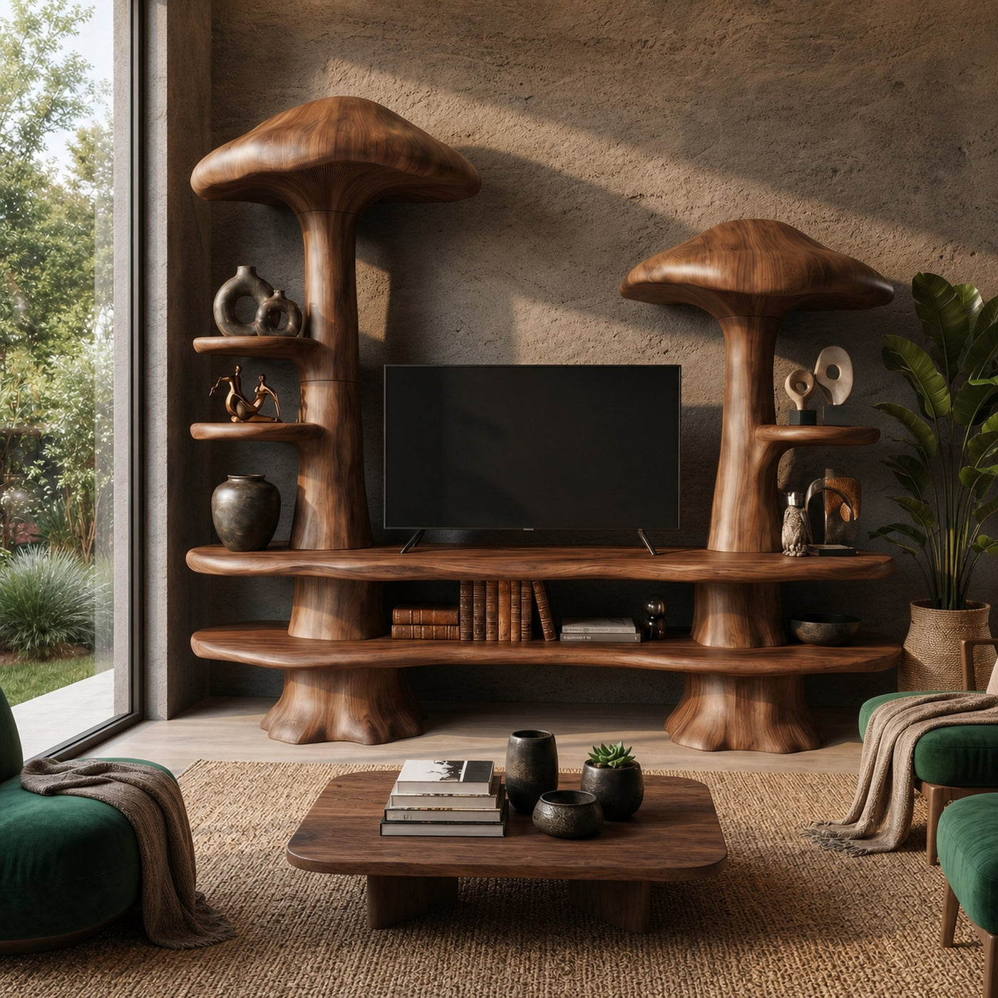 Rustic Mushroom TV Cabinet With Open Display Storage And Media Console For Living Room - product view 7