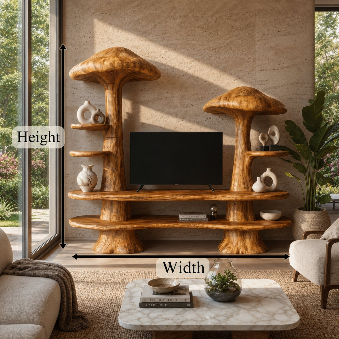 Rustic Mushroom TV Cabinet With Open Display Storage And Media Console For Living Room - product view 8