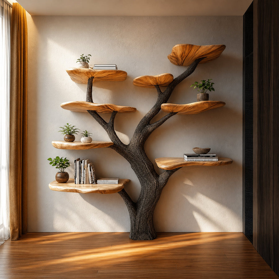 Rustic Mushroom Tree Bookshelf Bedroom Study Room Wall Display