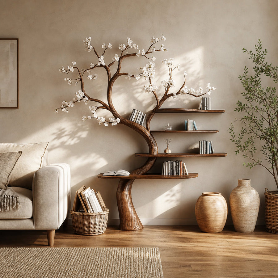 Rustic Natural Tree Bookshelf Living Room Interior Artistic Decor