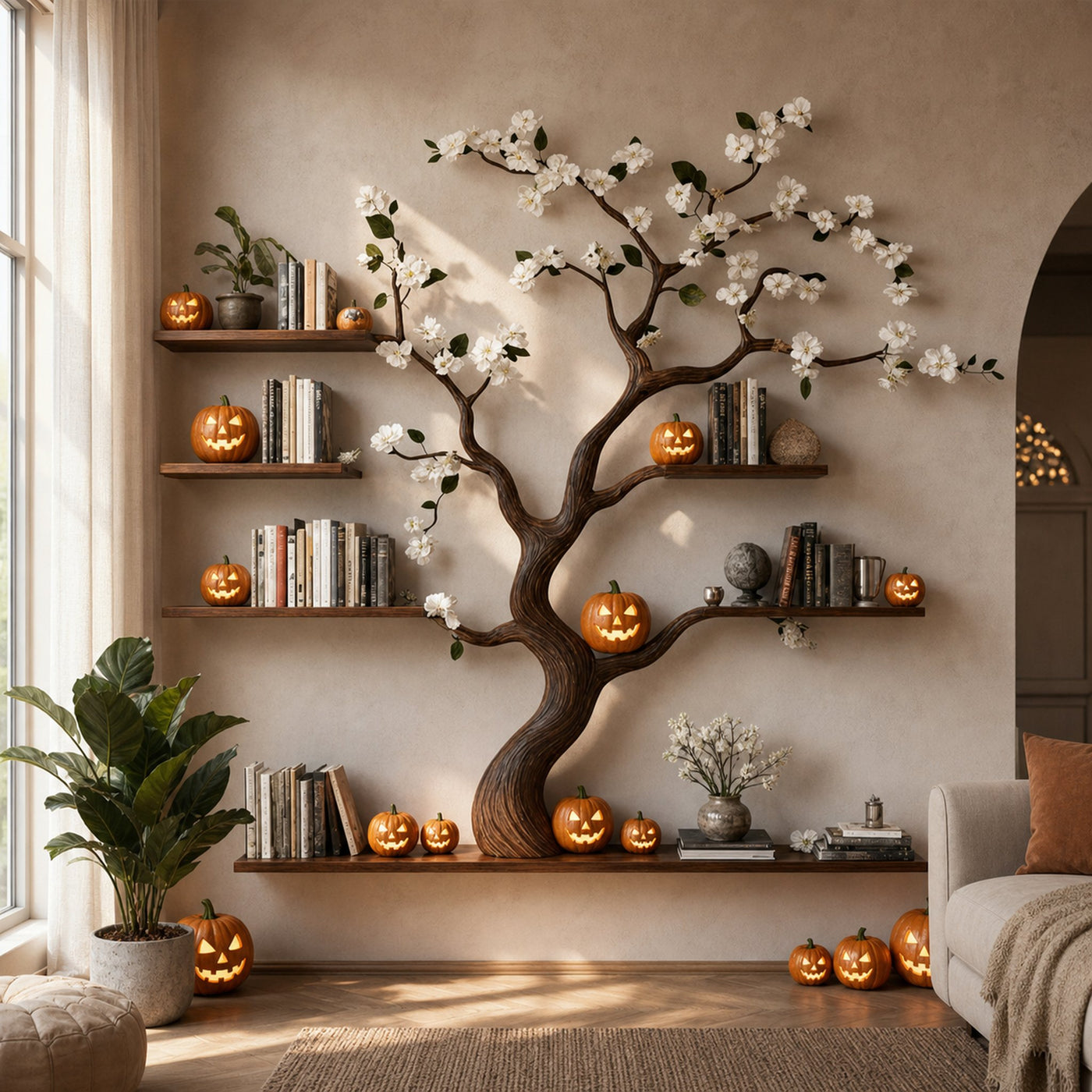 Rustic Natural Tree Branch Wall Bookshelf Halloween Home Decor