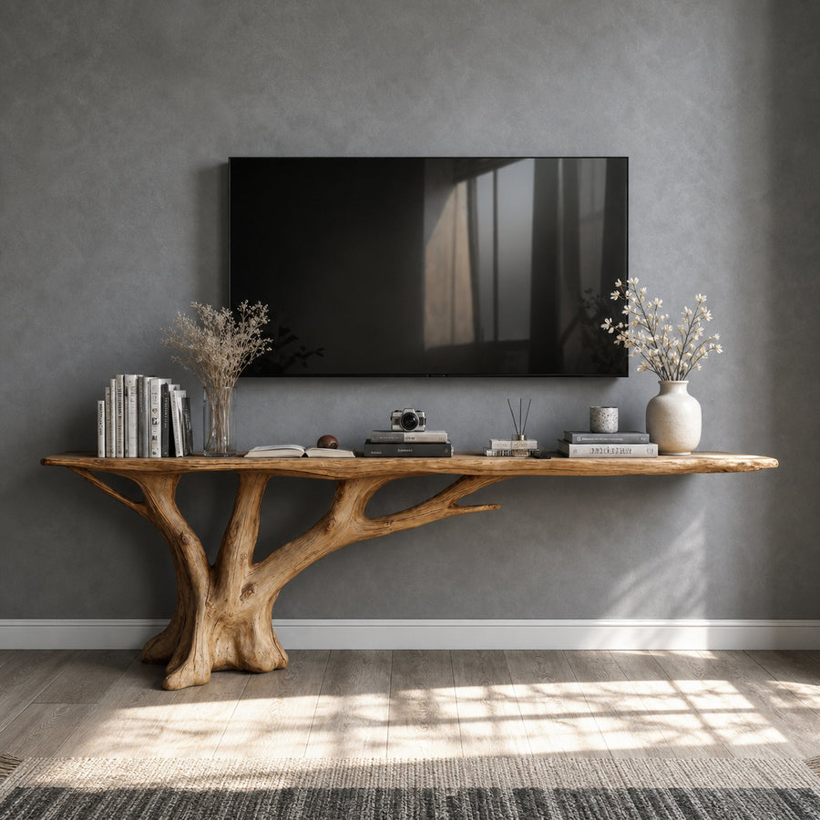 Rustic Natural Wood TV Console For Entryway And Hallway