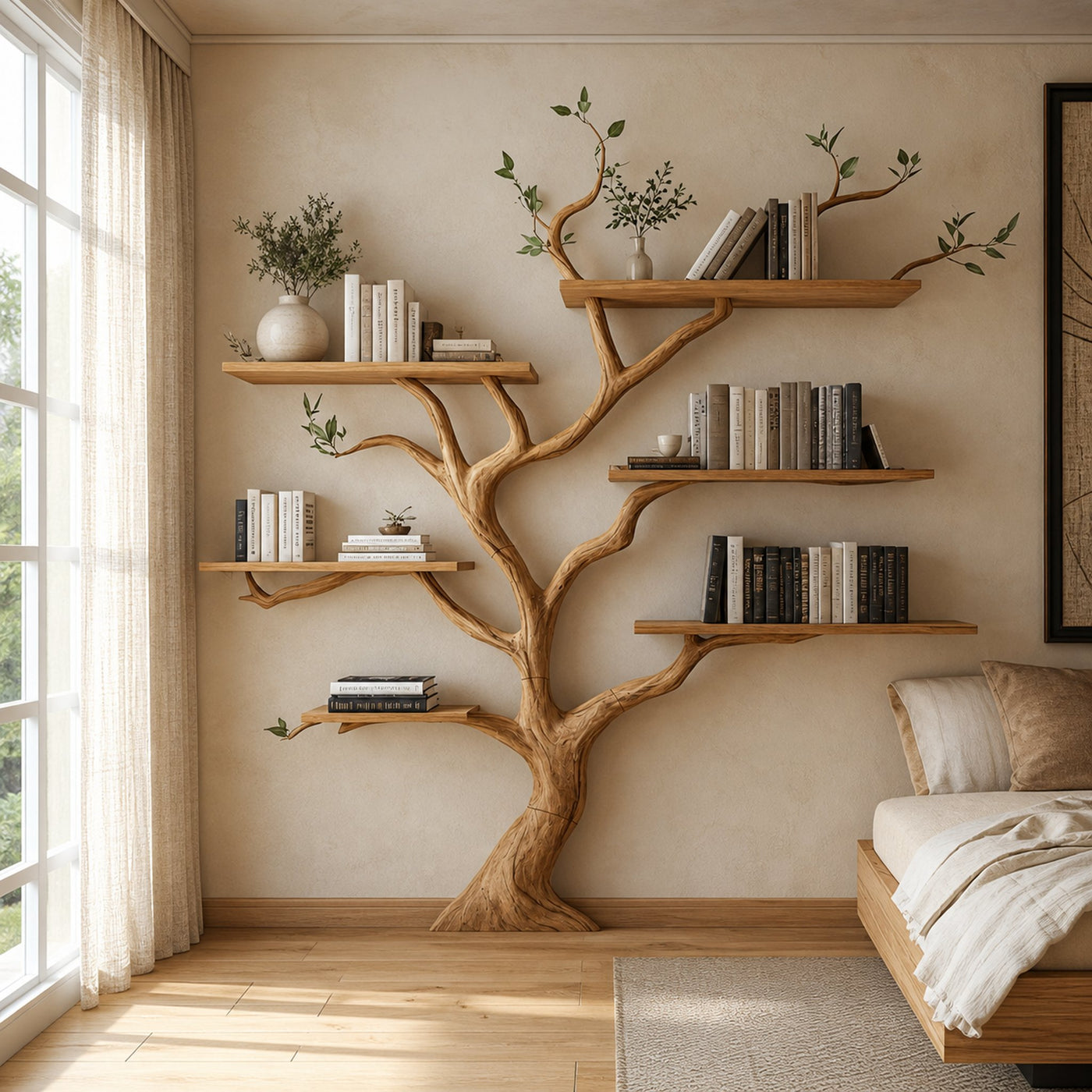Rustic Nature Inspired Branch Bookshelf Bedroom Interior Statement Storage