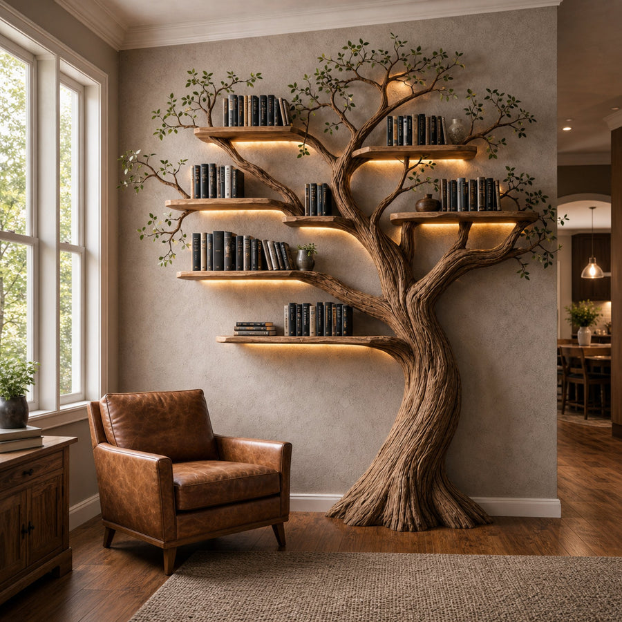 Rustic Nature Inspired Tree Bookshelf Handmade For Living Room