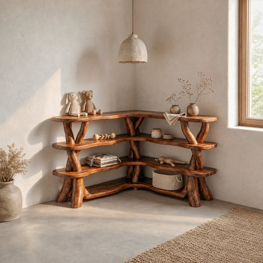 Rustic Organic Corner Bookshelf With Sculptural Tree Branch Shelves For Living Room And Bedroom