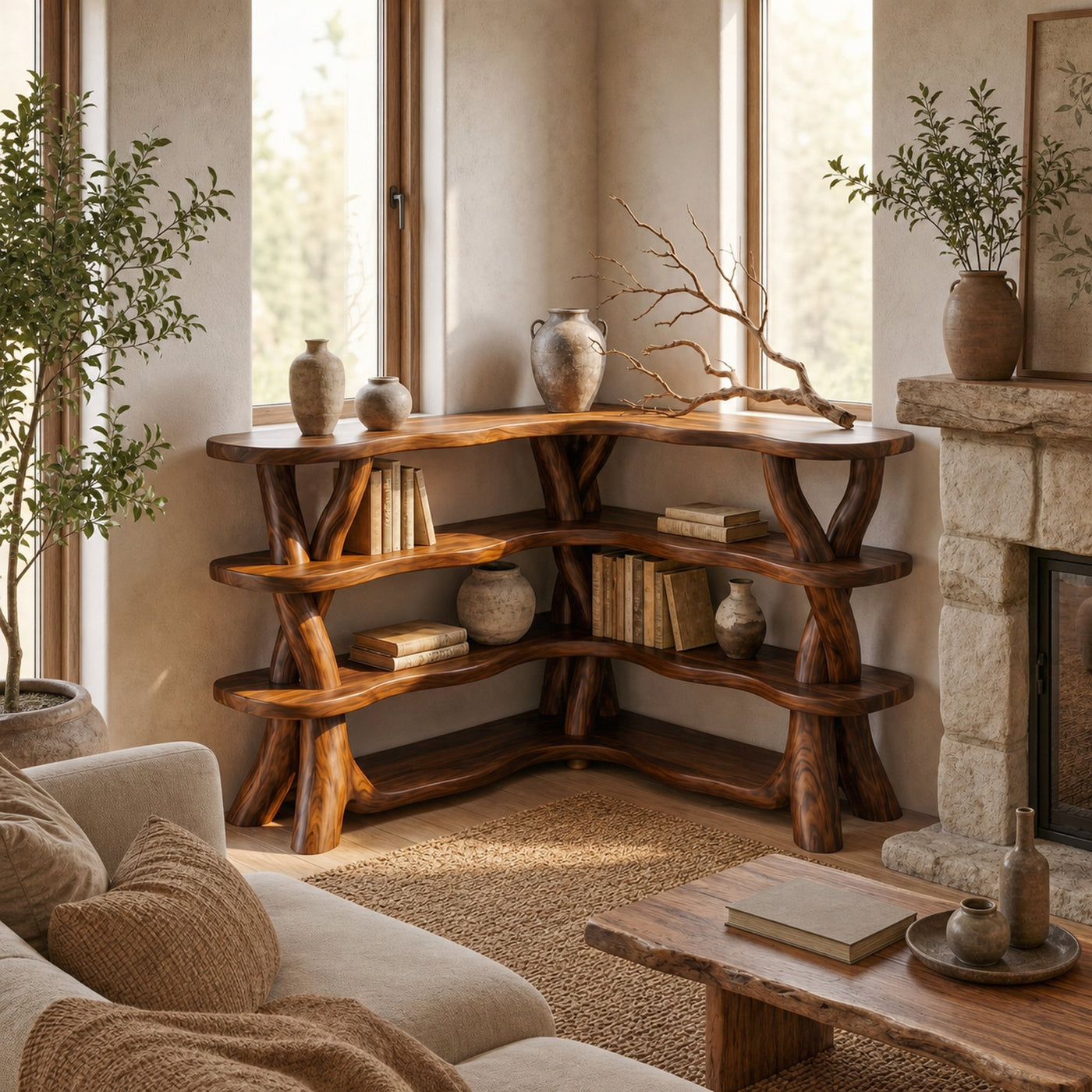 Rustic Organic Corner Bookshelf With Sculptural Tree Branch Shelves For Living Room And Bedroom - product view 6