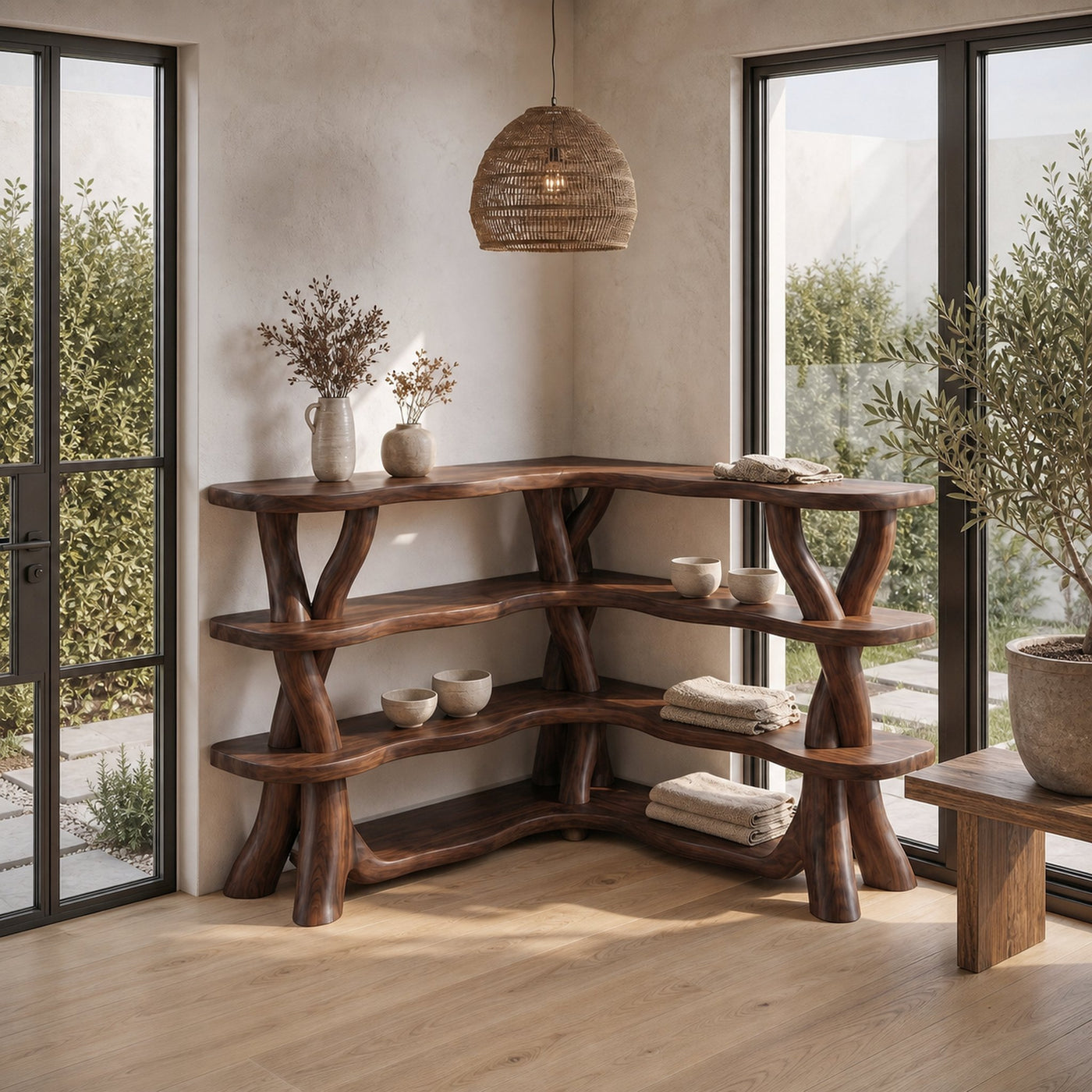 Rustic Organic Corner Bookshelf With Sculptural Tree Branch Shelves For Living Room And Bedroom - product view 7