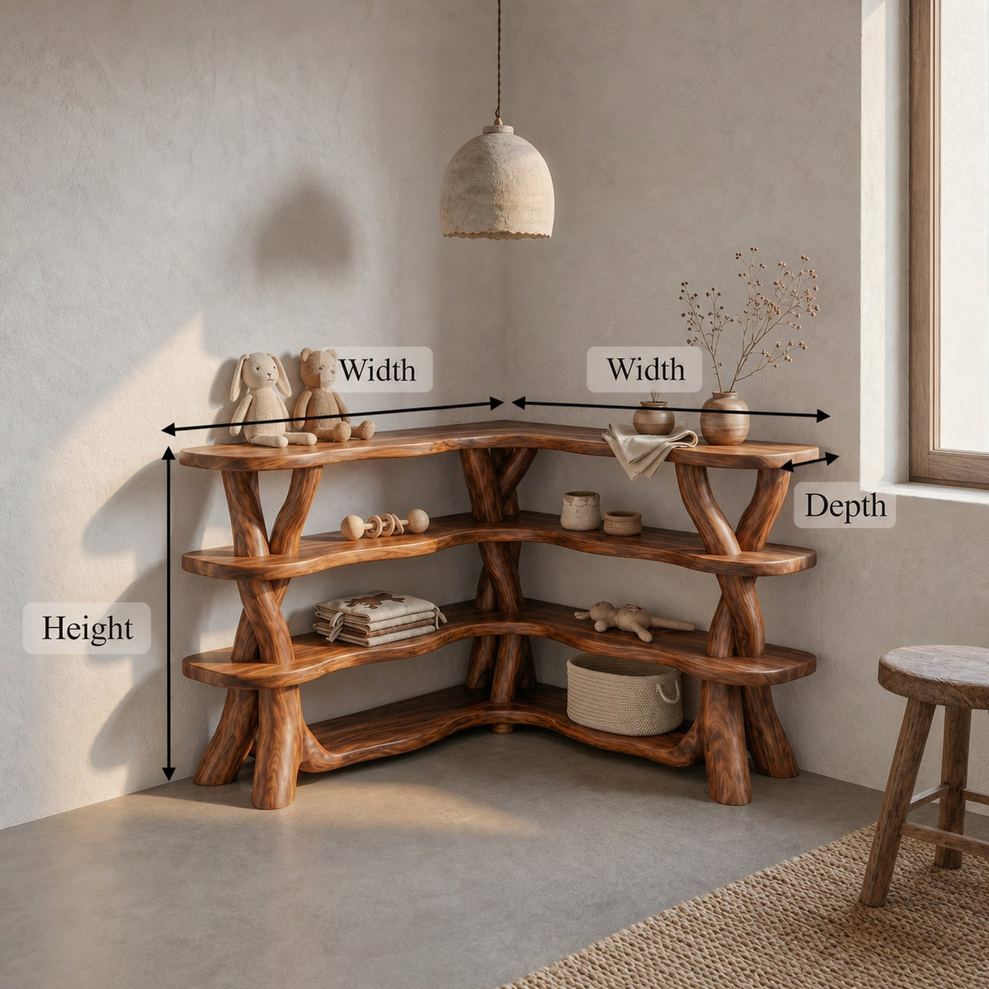 Rustic Organic Corner Bookshelf With Sculptural Tree Branch Shelves For Living Room And Bedroom - product view 8