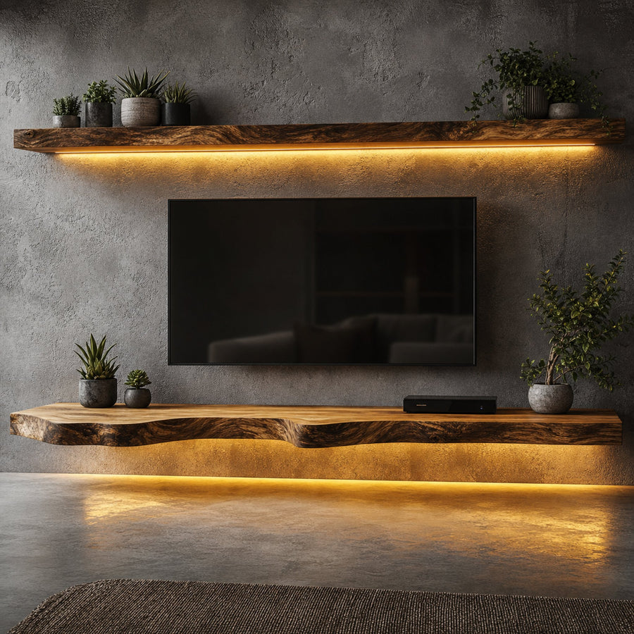 Rustic Organic Floating TV Shelf Solid Wood Living Room Interior Entertainment Display
