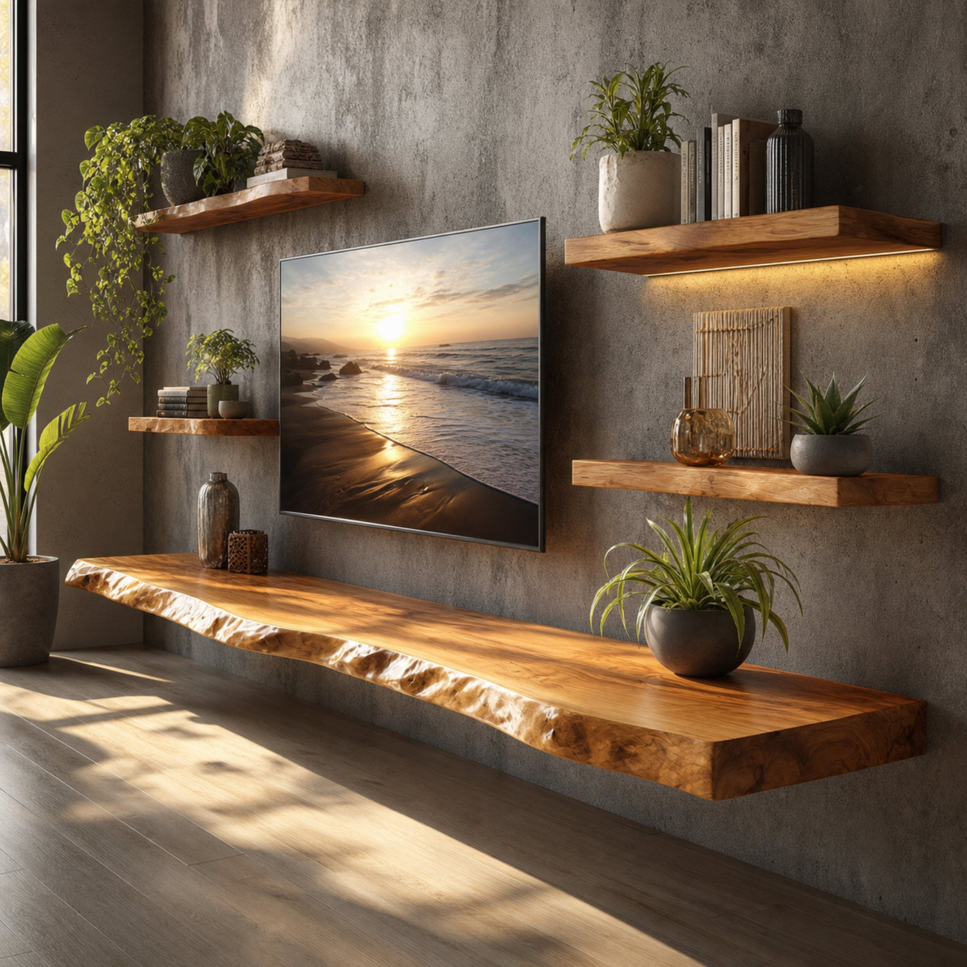 Rustic Organic Floating TV Shelf Solid Wood Living Room Interior Entertainment Display