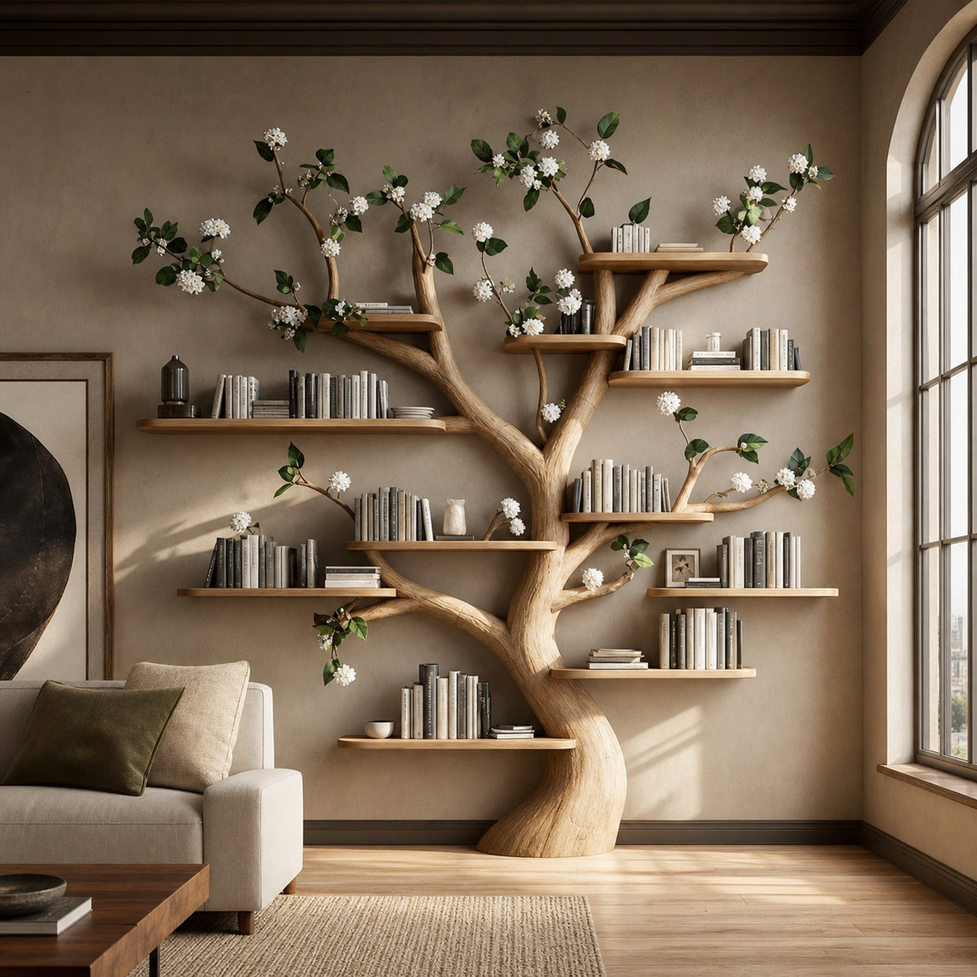Rustic Organic Floral Tree Bookshelf Living Room Or Bedroom