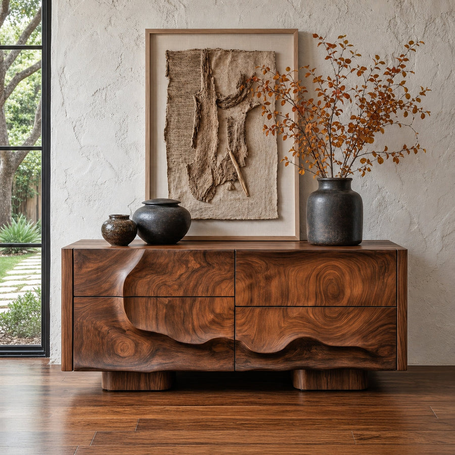 Rustic Organic Storage Cabinet With Carved Wood Doors For Living Room And Entryway
