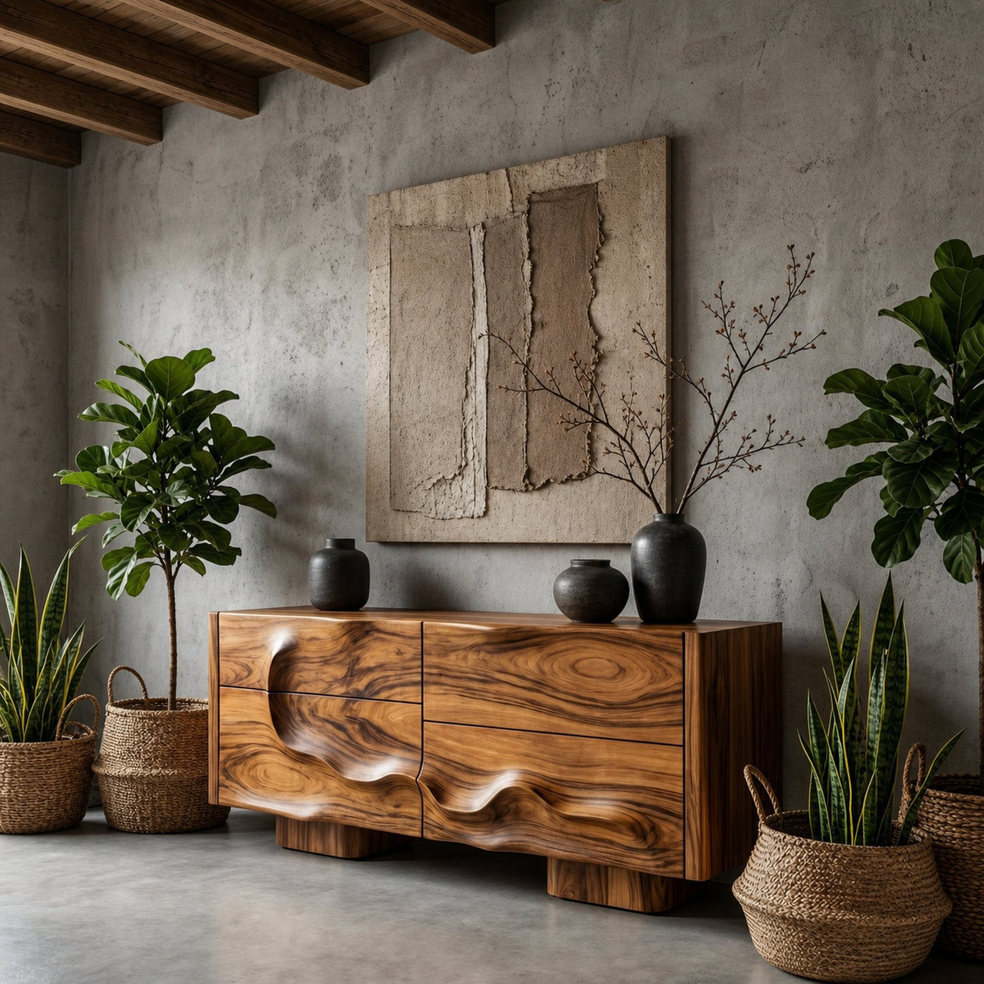 Rustic Organic Storage Cabinet With Carved Wood Doors For Living Room And Entryway - product view 6