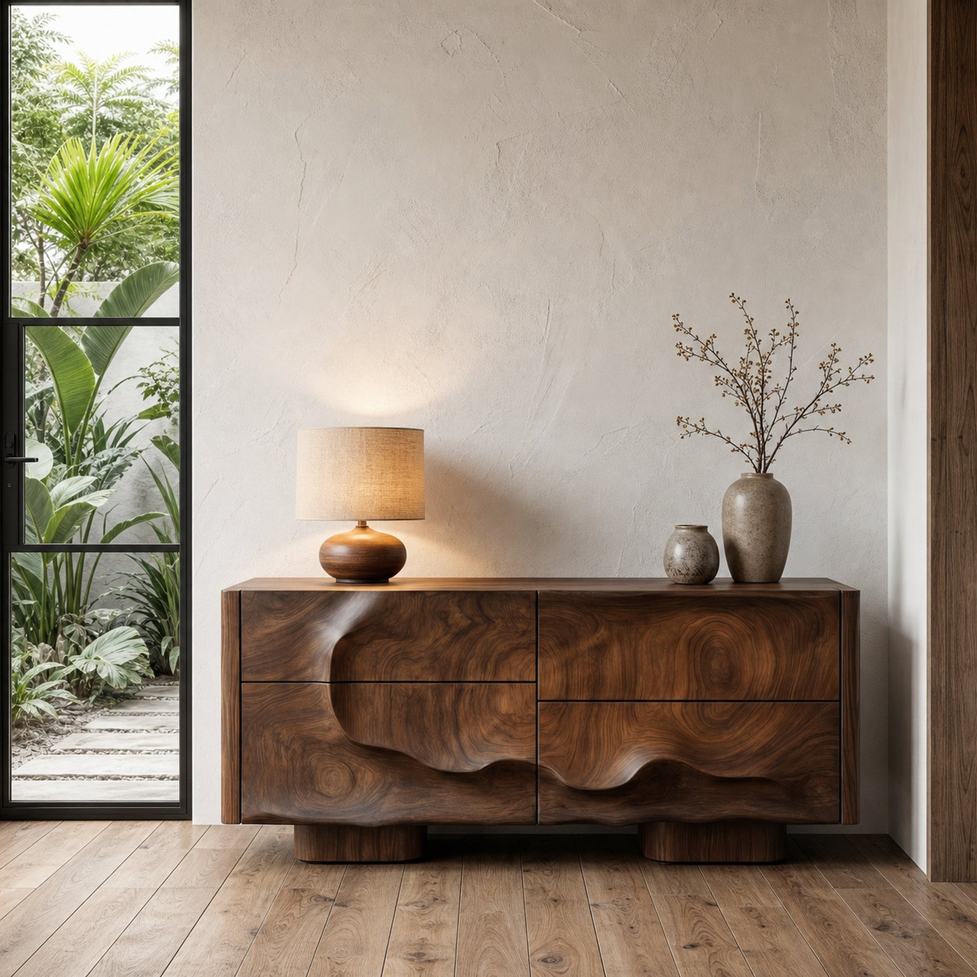 Rustic Organic Storage Cabinet With Carved Wood Doors For Living Room And Entryway - product view 7