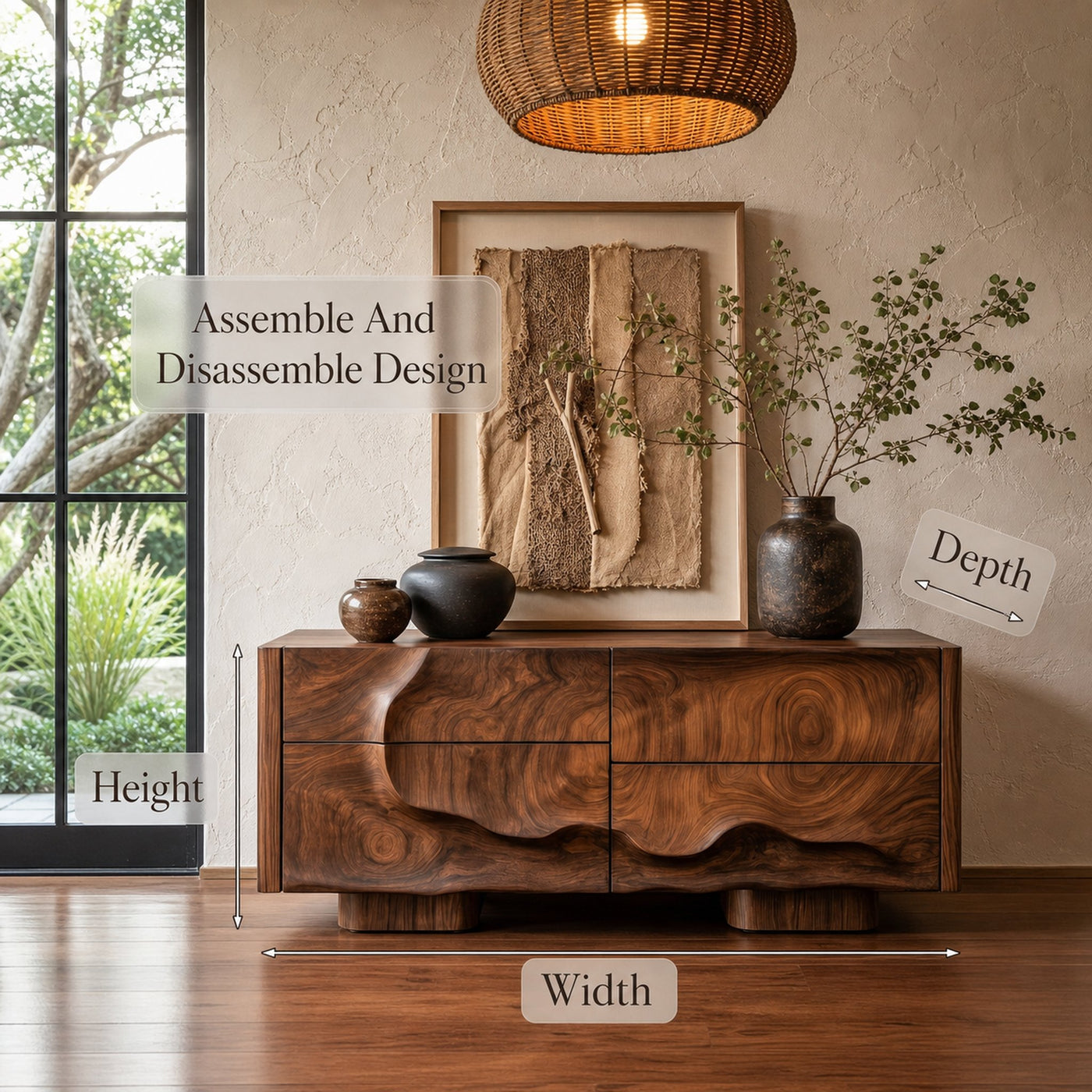 Rustic Organic Storage Cabinet With Carved Wood Doors For Living Room And Entryway - product view 8