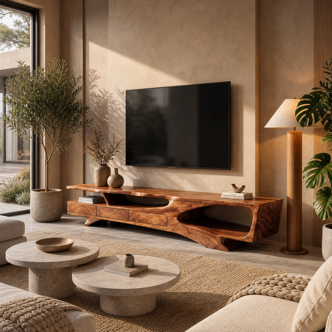 Rustic Organic TV Cabinet With Sculptural Solid Wood Base For Living Room
