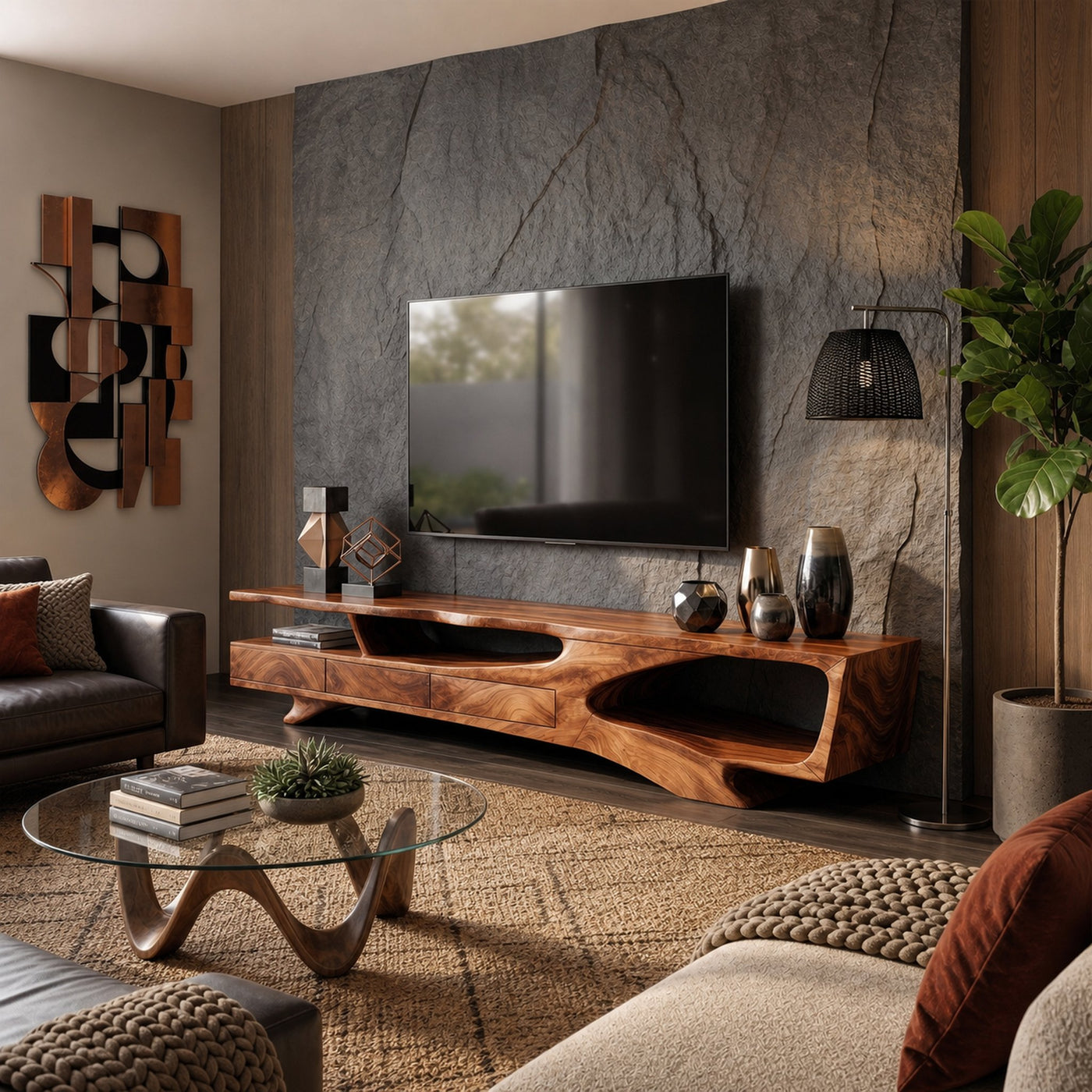 Rustic Organic TV Cabinet With Sculptural Solid Wood Base For Living Room - product view 6