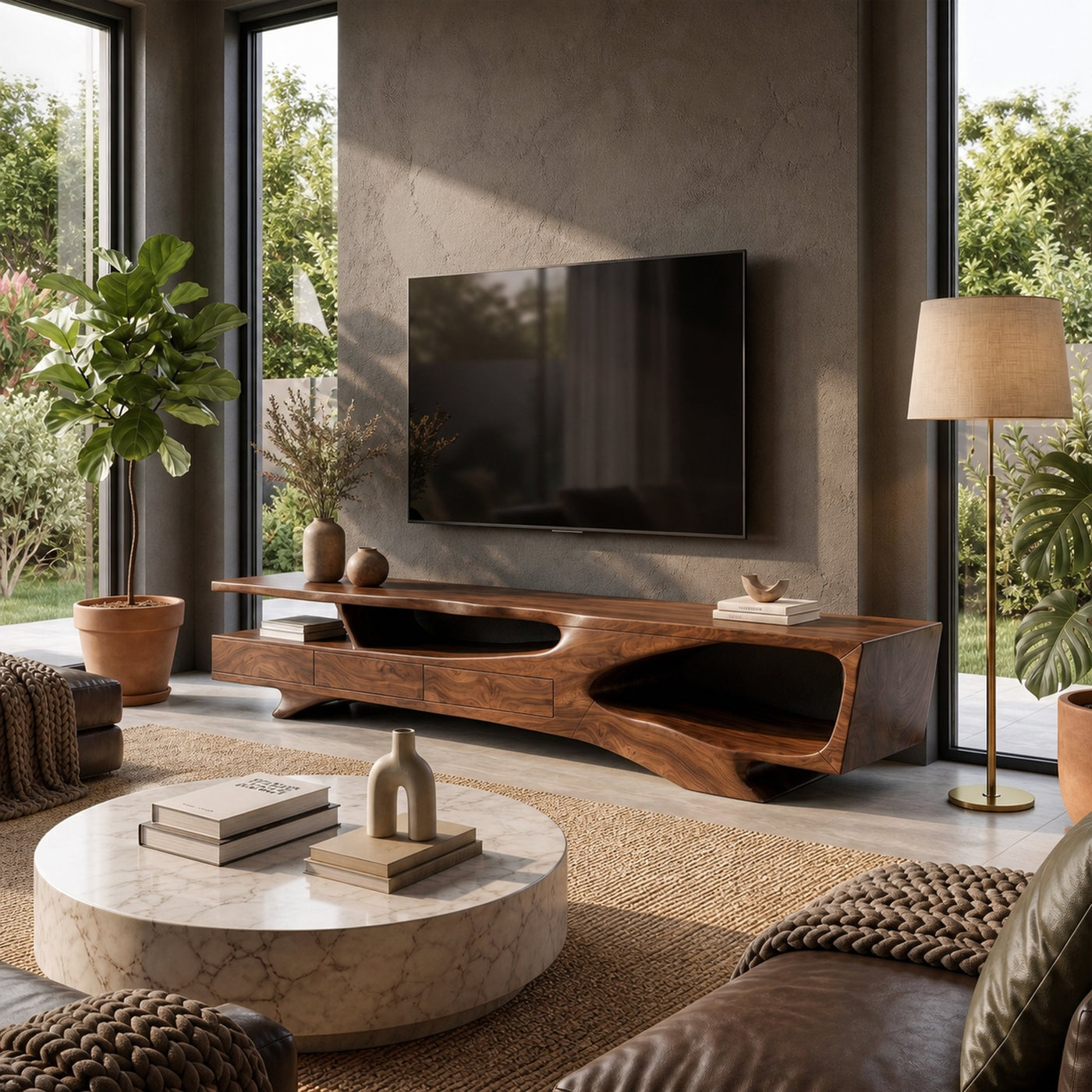 Rustic Organic TV Cabinet With Sculptural Solid Wood Base For Living Room - product view 7