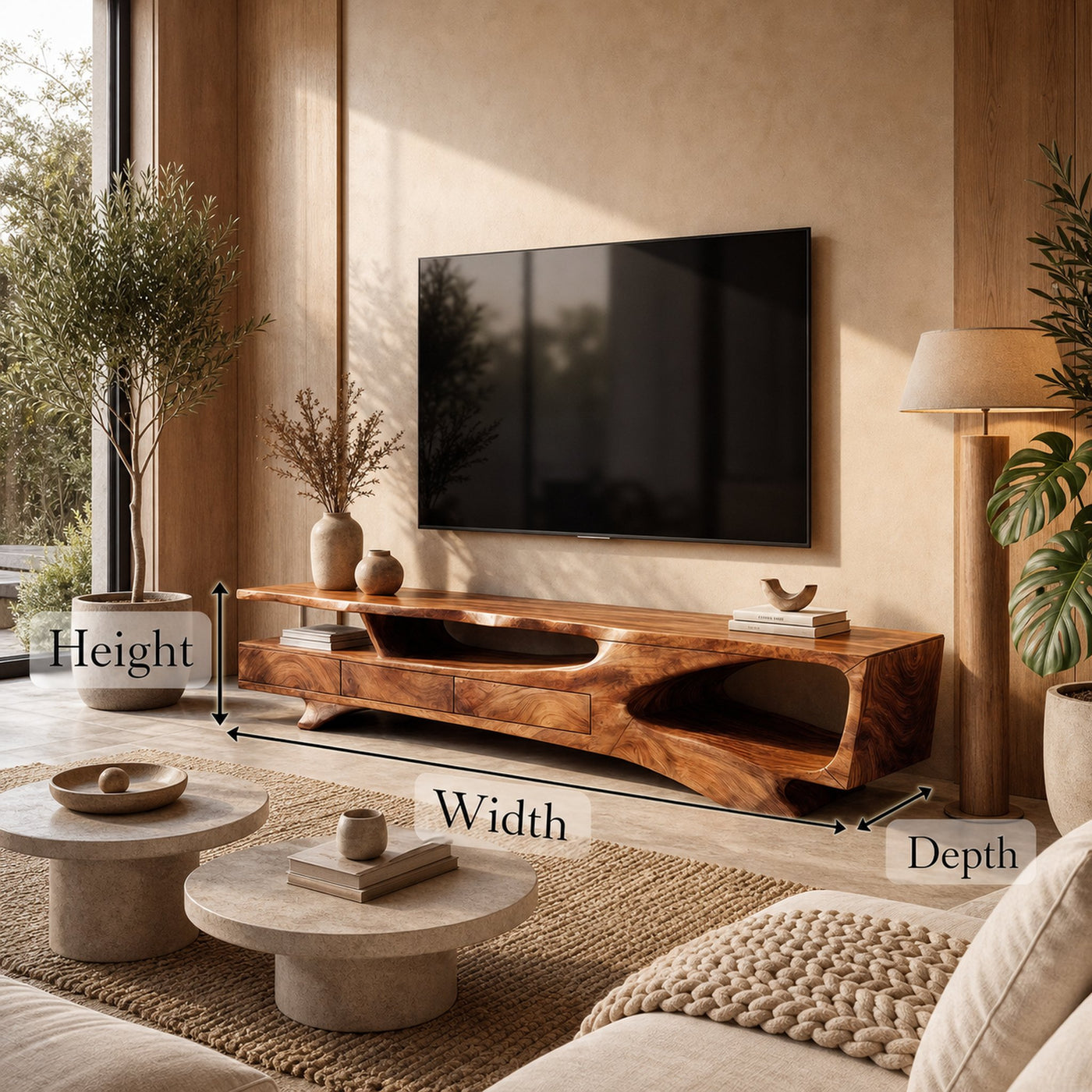 Rustic Organic TV Cabinet With Sculptural Solid Wood Base For Living Room - product view 8