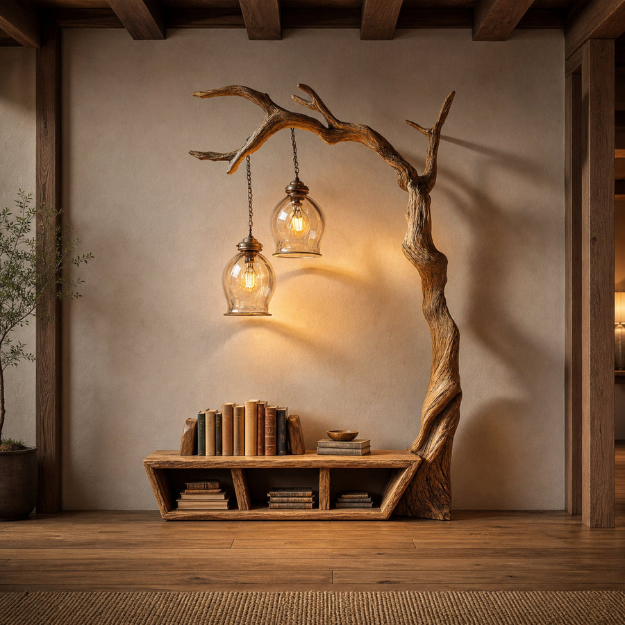 Rustic Organic Tree Bench Bookshelf Living Room Or Entryway