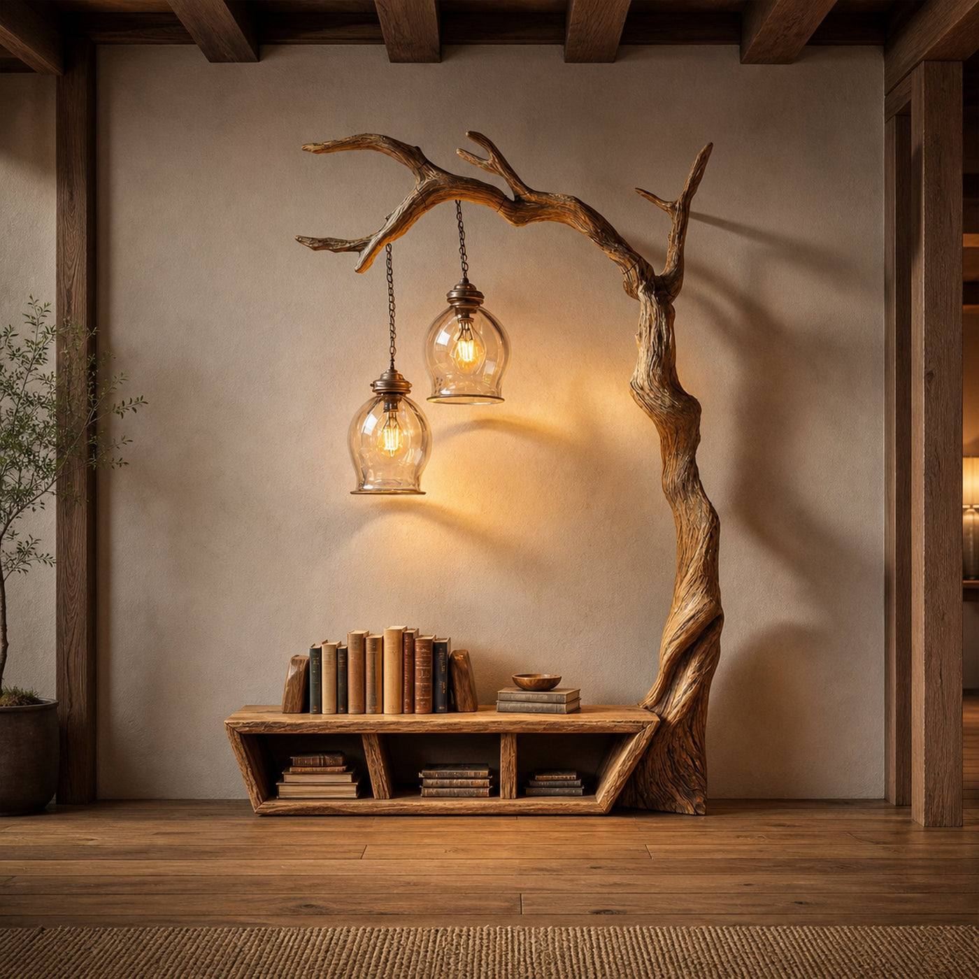 Rustic Organic Tree Bench Bookshelf Living Room Or Entryway
