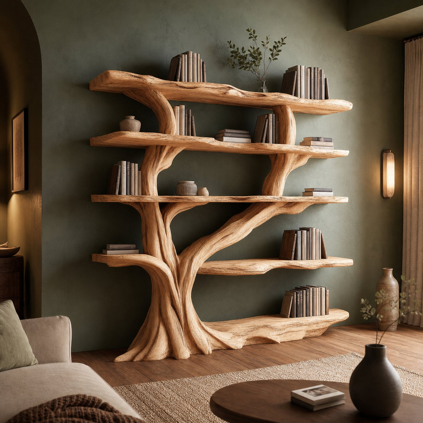 Rustic Organic Tree Bookshelf Living Room Interior Sculptural Storage