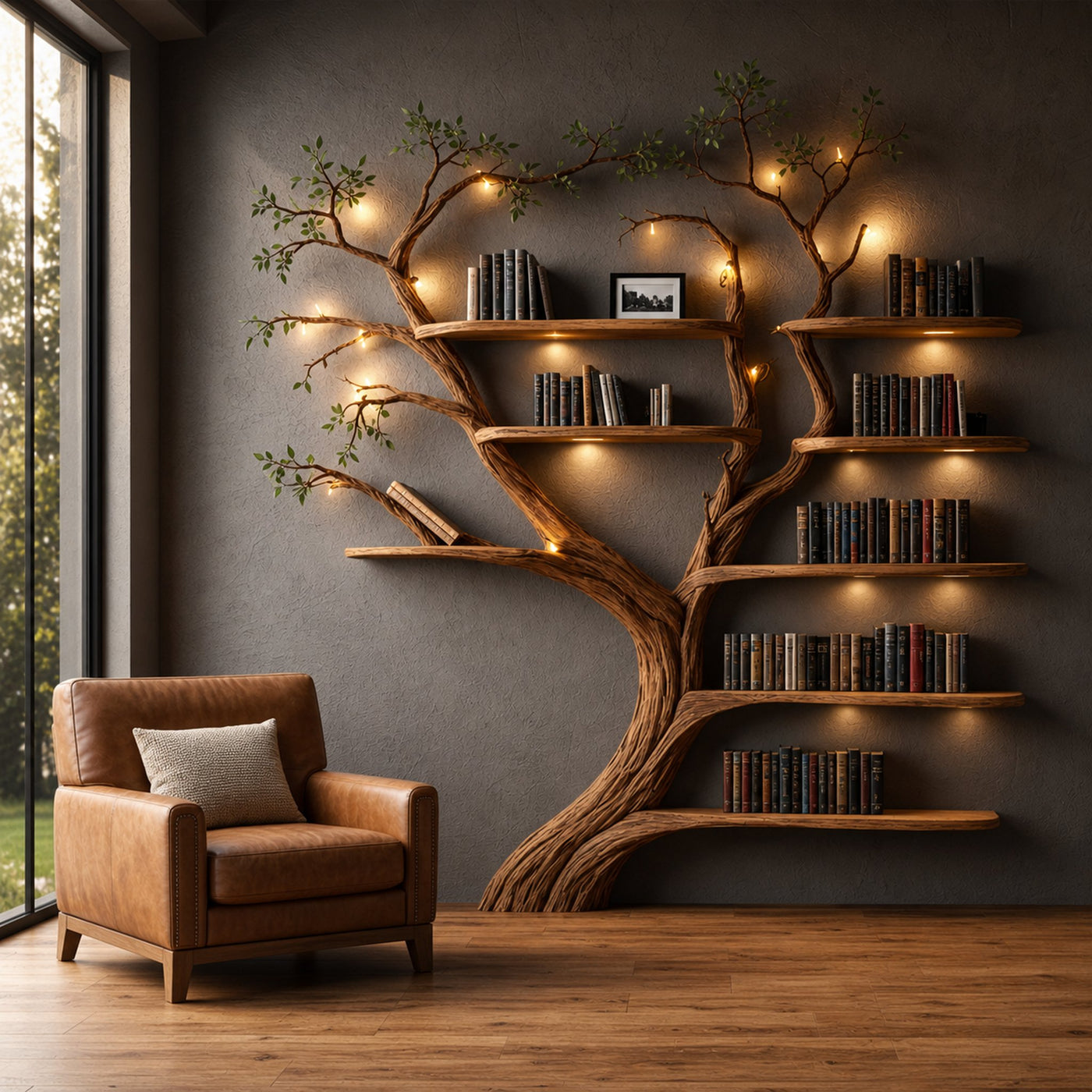 Rustic Organic Tree Bookshelf Handcrafted Wall Art For Home