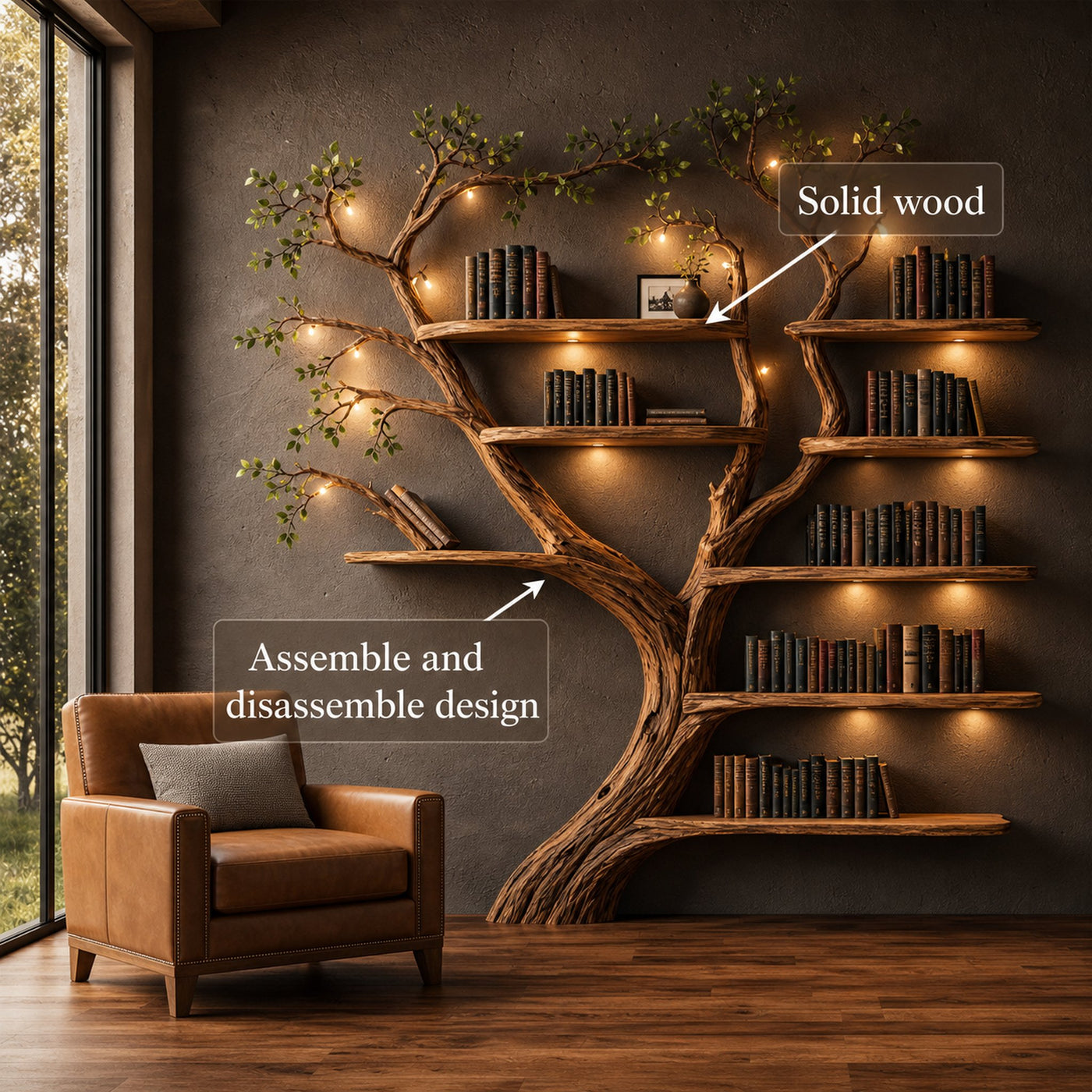 Rustic Organic Tree Bookshelf Handcrafted Wall Art For Home - product view 3