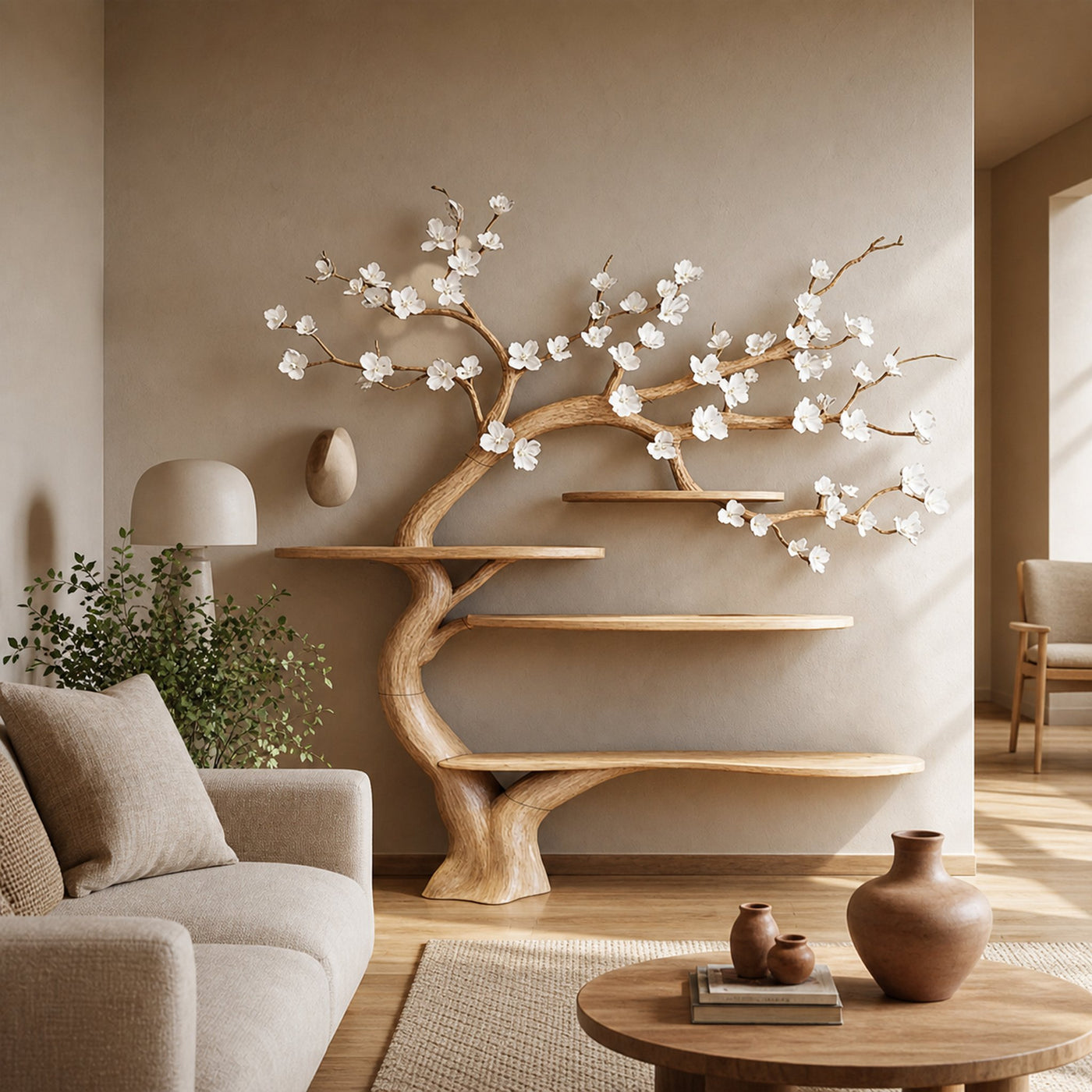 Rustic Organic Tree Bookshelf Living Room Interior Decorative Display
