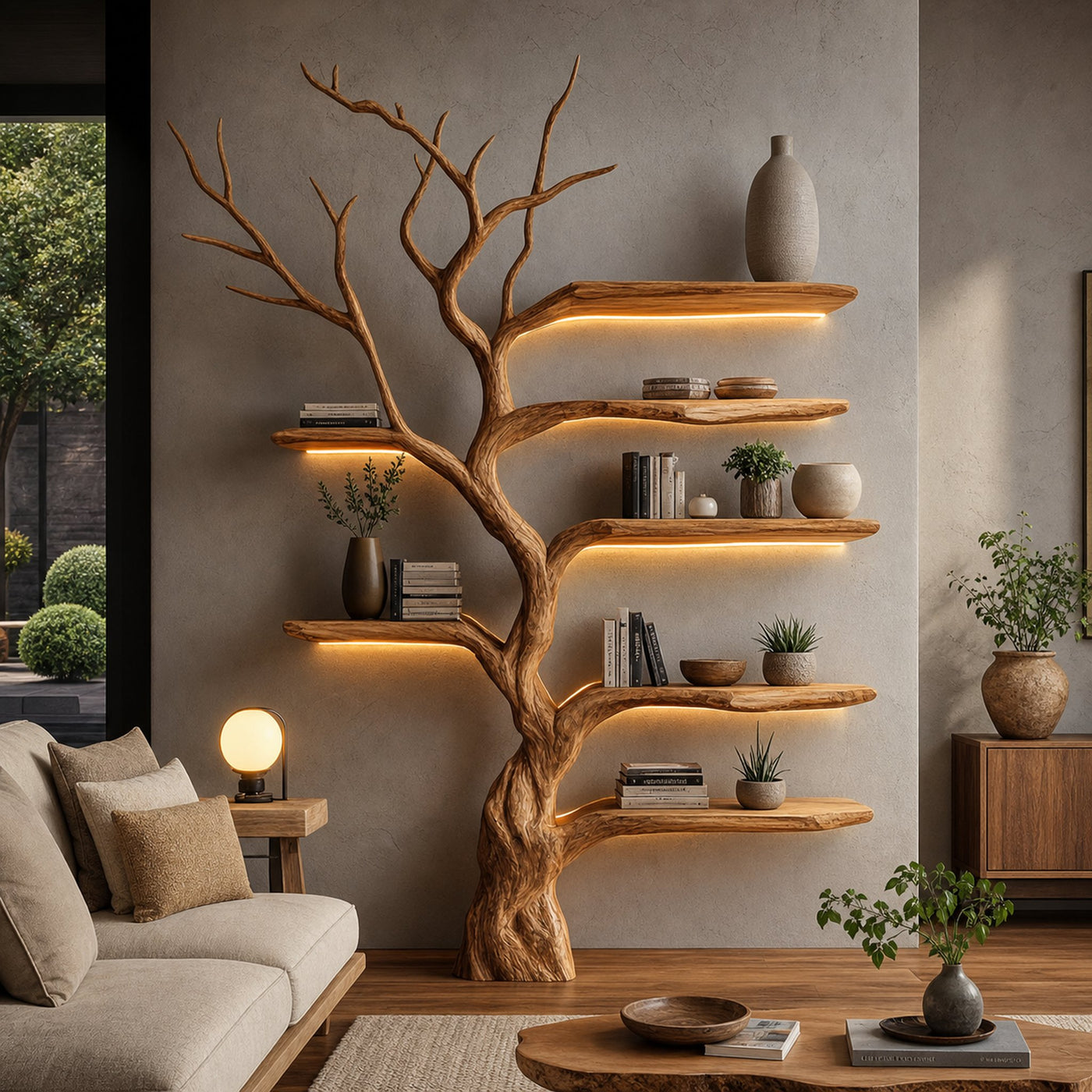 Rustic Organic Tree Bookshelf Living Room Interior Sculptural Wall Display