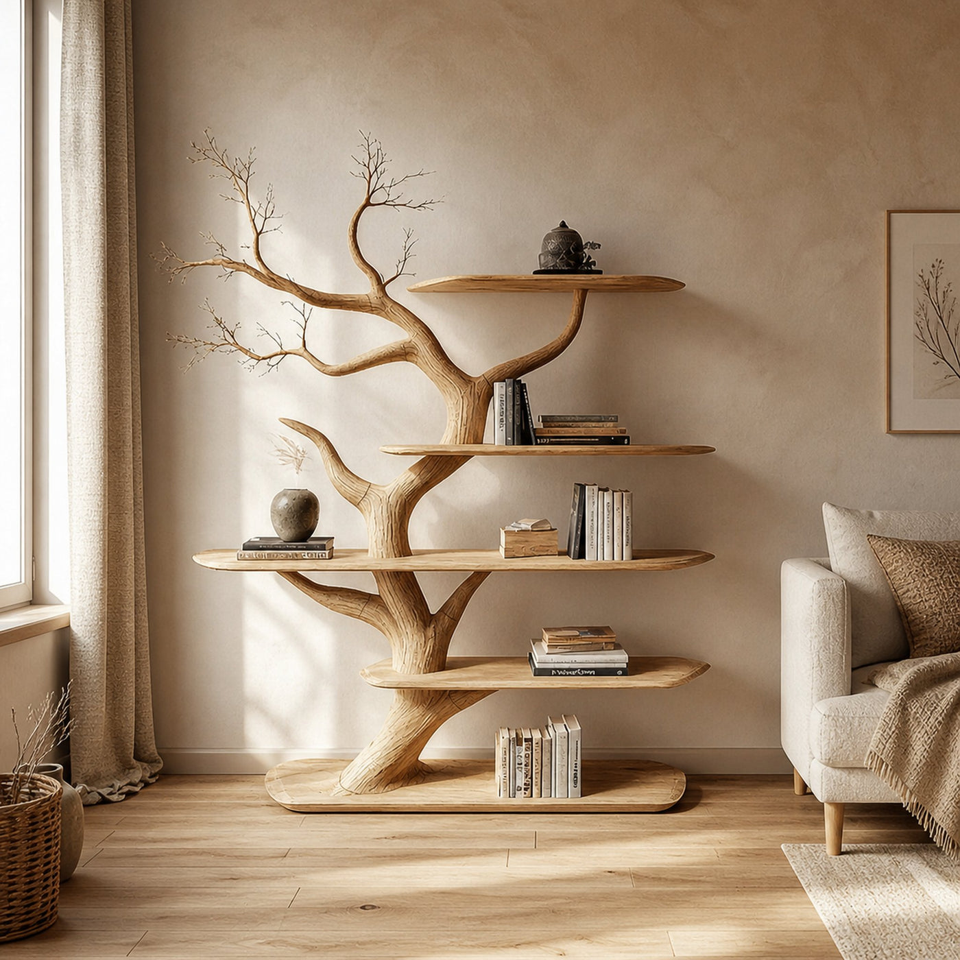 Rustic Organic Tree Bookshelf Living Room Interior Storage Decor