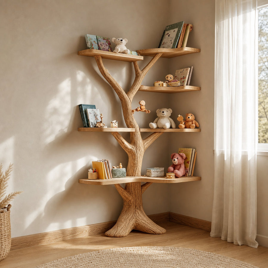 Rustic Organic Tree Bookshelf Solid Wood Kids Room Display