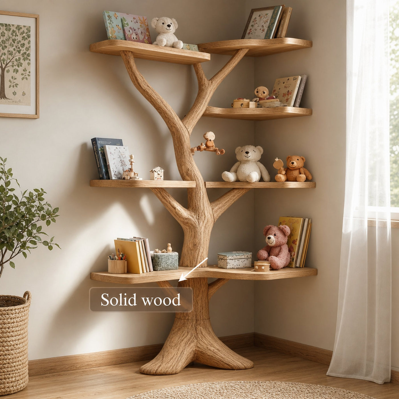 Rustic Organic Tree Bookshelf Solid Wood Kids Room Display - product view 3