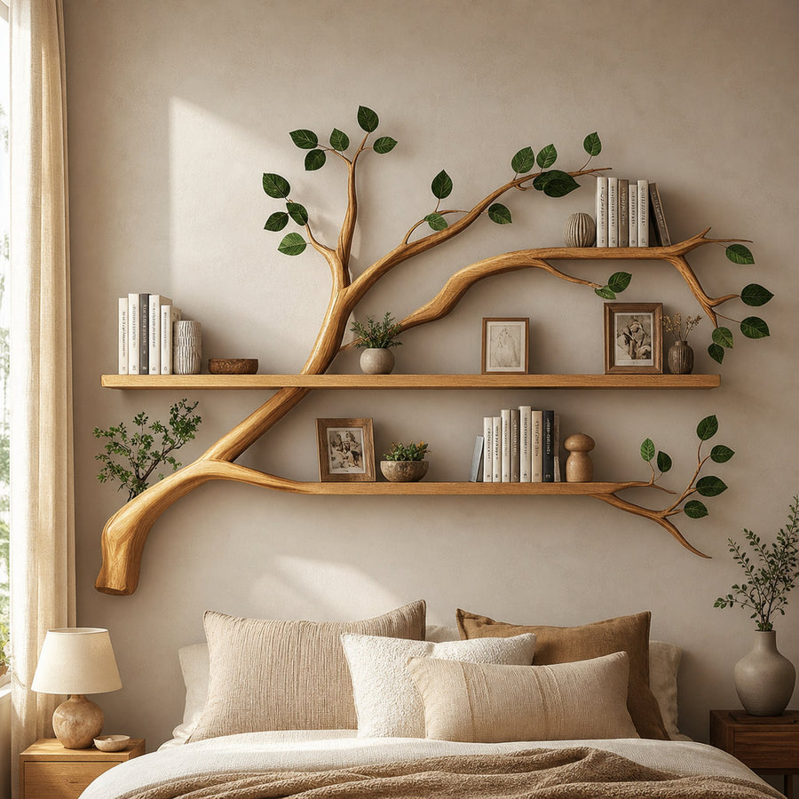 Rustic Organic Tree Bookshelf Warm Bedroom Entryway