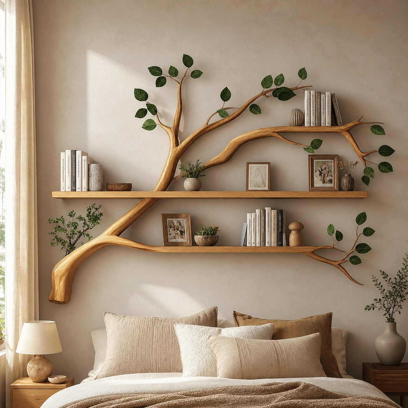 Rustic Organic Tree Bookshelf Warm Bedroom Entryway